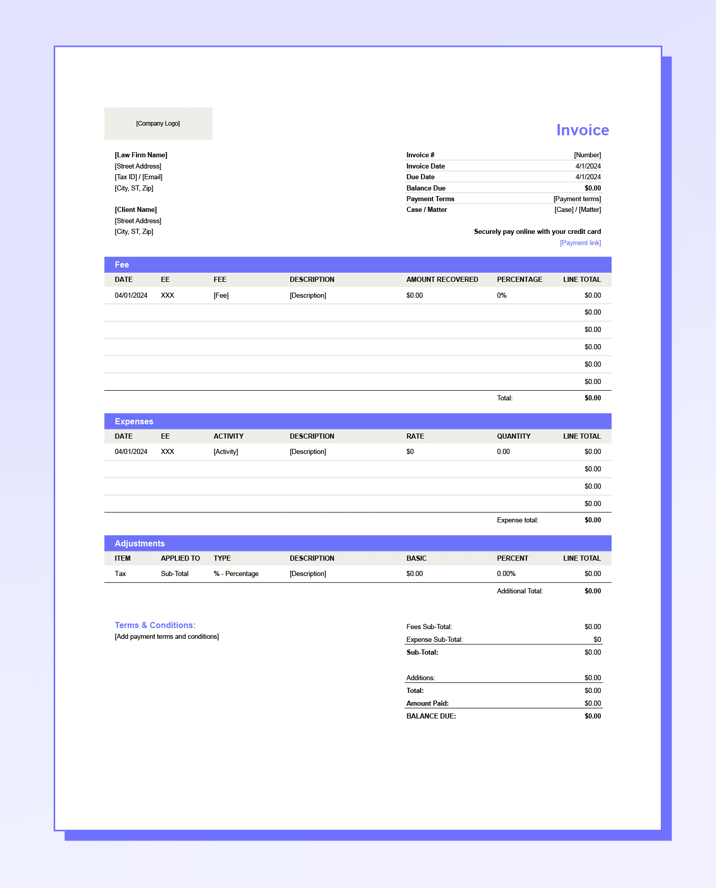 Mockup of a legal invoice template for contingency fees