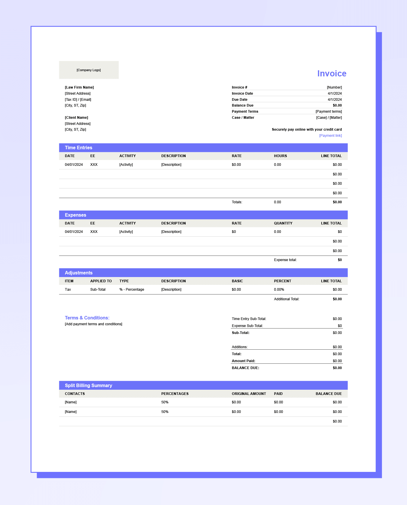 Mockup of a legal invoice template for split billing