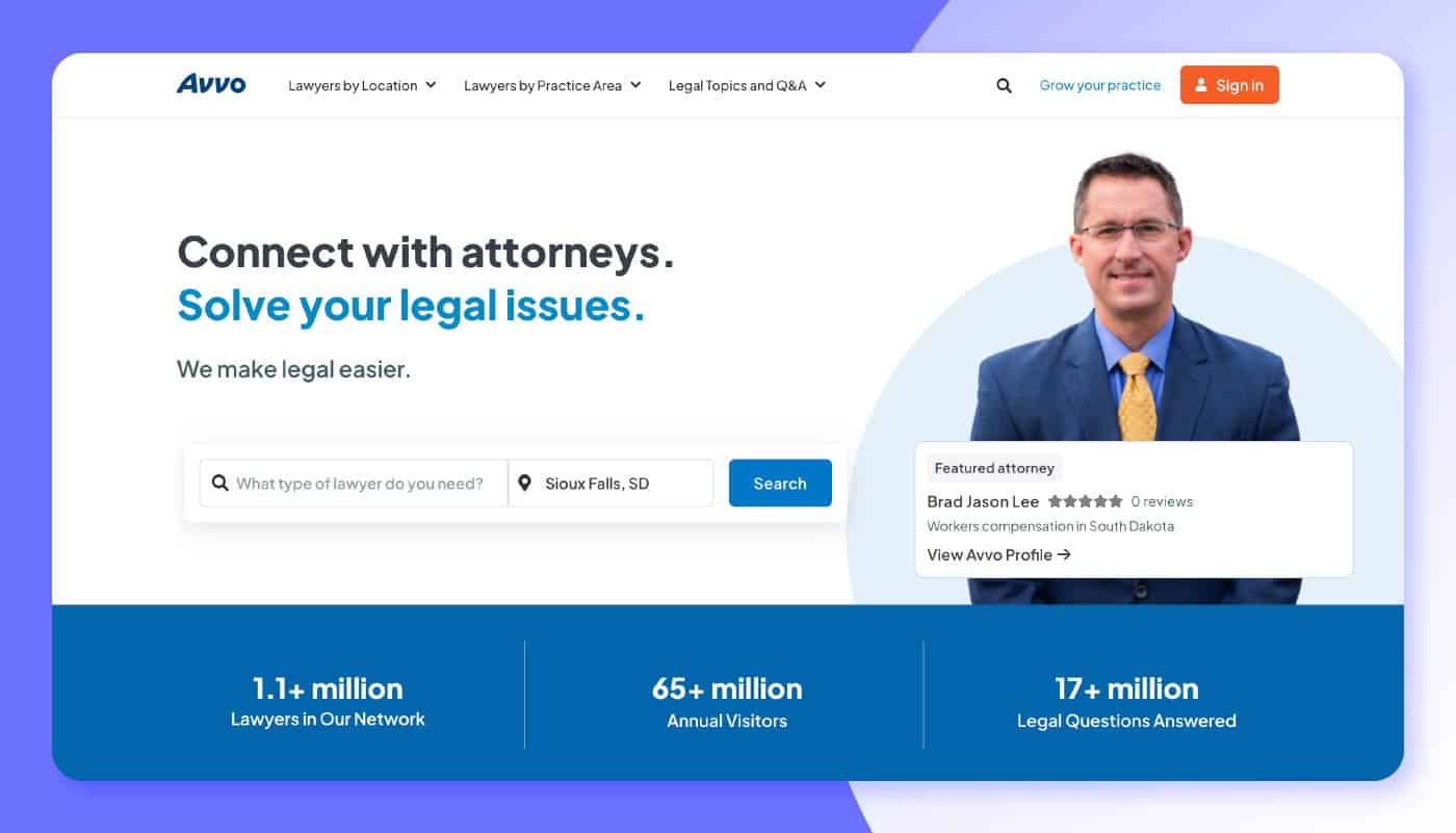 Avvo’s lawyer search page.