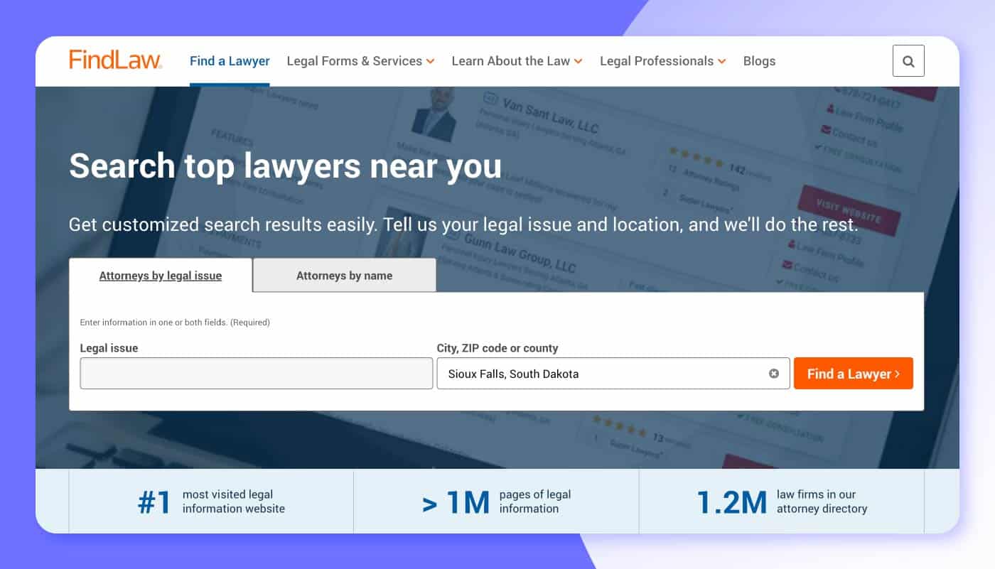 FindLaw’s lawyer search page.