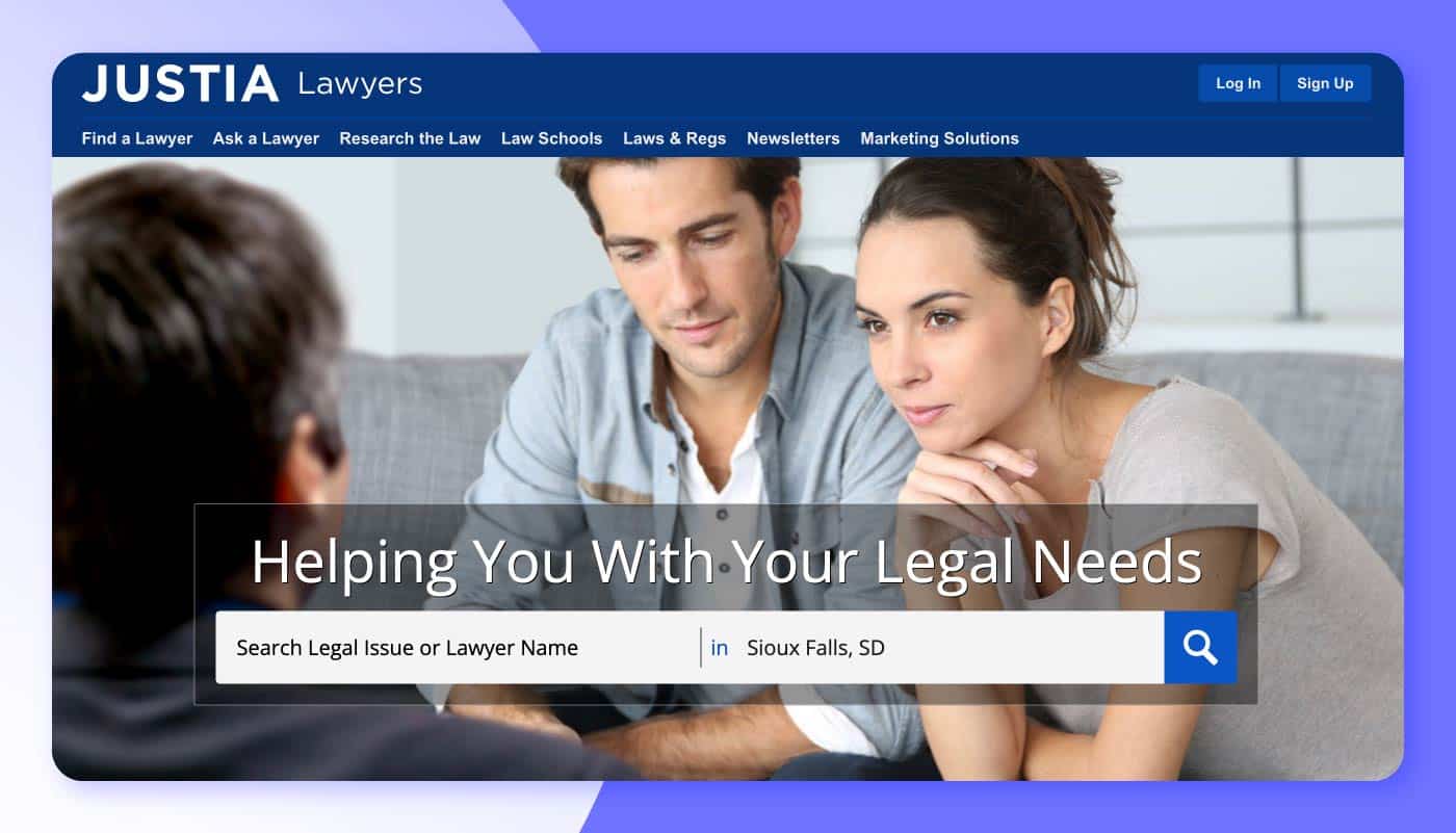 Justia’s lawyer search homepage.