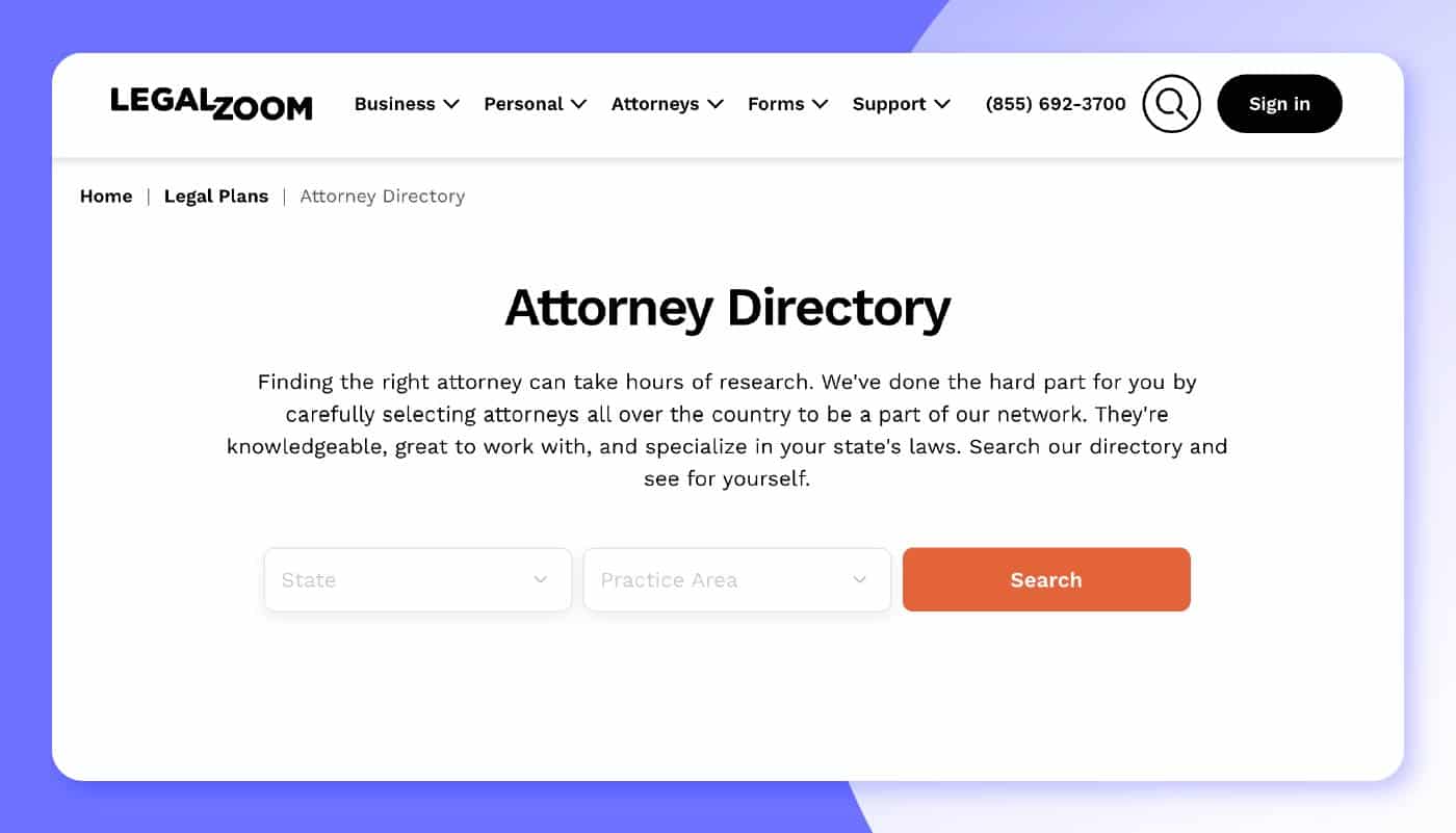 LegalZoom’s lawyer search page.