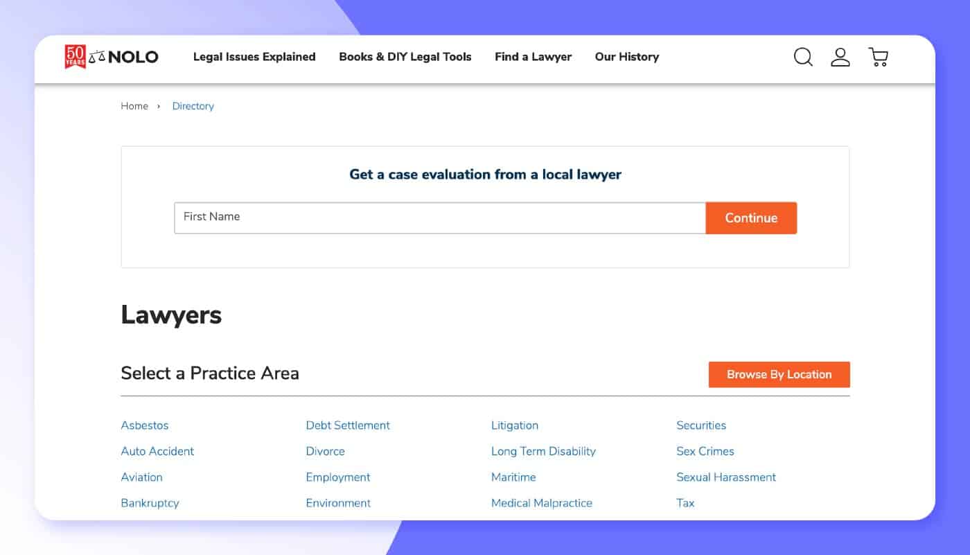 Nolo’s lawyer search page