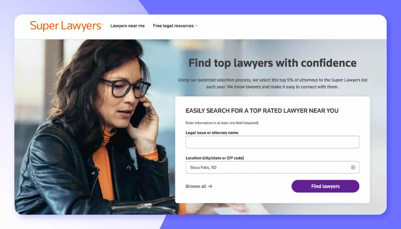 SuperLawyers lawyer search page.